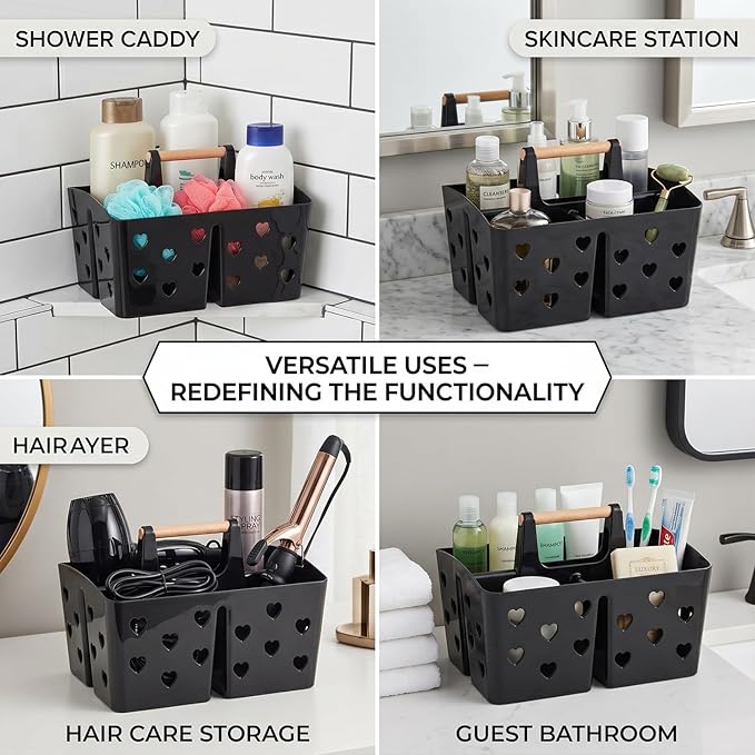 NINU Black Portable Shower Caddy with Handle, Plastic Shower Tote Basket with Divided Compartments and Drainage Holes, Bathroom Caddy Organizer for College Dorm, Gym, Camping, Shared Bathroom