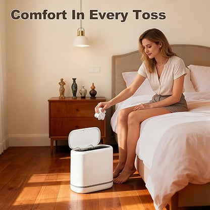 Spreezy Bathroom Trash Can with Lid, 2.3 Gallon/8.6 L Small Trash Can, Pneumatic Adhesion Style Garbage Can for Kitchen, Bedroom, Living Room, Office, Trash Bin Includes 5 Rolls of Trash Bags