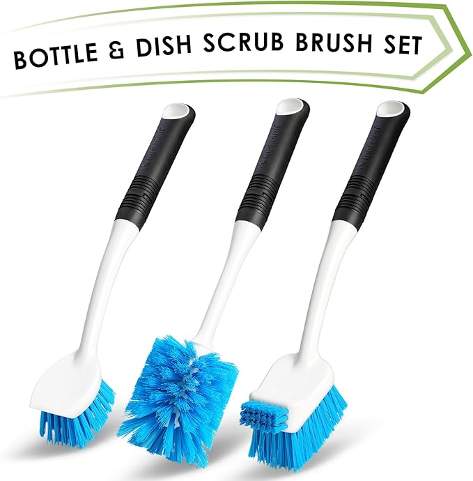 MOSOLAN Dish Brush Set of 3 with Water Bottle Brush, Dish Scrub Brush and Scrubber Brush, Long Handle Kitchen Scrub Brushes for Dishes, Bottles, Cups, Pots, Pans and Sinks, Flat Head