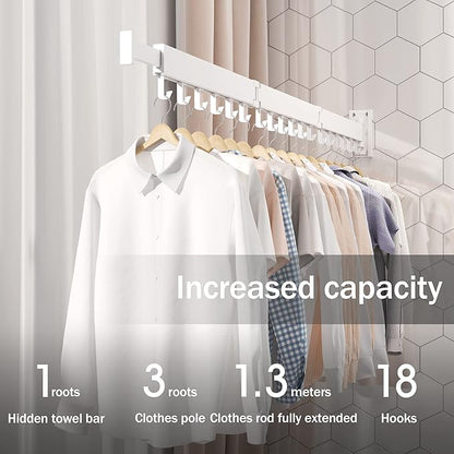LIENAHU Wall Mounted Clothes Drying Rack, Collapsible, Folding, Retractable - Clothes Hanging Rack (Hooks, White)