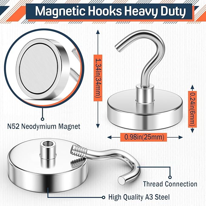 FINDMAG Magnetic Hooks for Cruise Cabins, 85lbs Magnetic Hooks for Hanging, Magnet Wall, Strong Magnets Heavy Duty, Classroom Decor, Locker Decorations, Office Accessories, 10 Pack, Silver