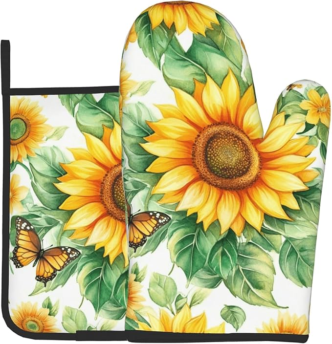 Sunflower Oven Mitts and Pot Holders Sets Watercolor Yellow Floral Plant Kitchen Gloves Hot Pads 2 Pieces Set Spring Summer Farmhouse Kitchen Decor and Accessories