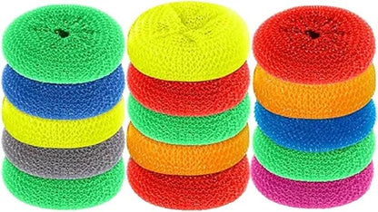Plastic Scrubbers for Pots and Pans, Round Poly Mesh Scouring Pads, Assorted Colors Kitchen Cleaning Scourers for Dish Washing (15 Pcs)