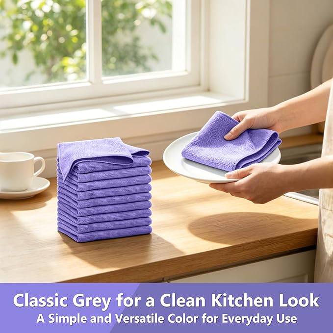 Kitchen Dish Cloths, 12 Pack, 10 x 10 Inches, Coral Velvet Kitchen Towels, Soft Lint Free Reusable Dish Cloths for Dishes, Tables and Household Cleaning, Purple