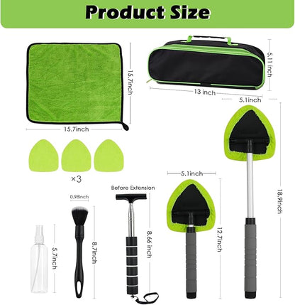 7PCS Windshield Cleaner Tool, Car Windshield Cleaner Tool+Side Mirror Squeegee +3 Microfiber Pads+100ml Spray Bottle+1 Detailing Brush,12-19inches Extendable Handle,180° Rotation