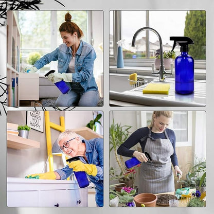 Worldgsb Glass Spray Bottles, 16oz Refillable Containers, Empty Boston Round Bottles with Labels & Adjustable Nozzle for Cleaning, Gardening, Aromatherapy, Pets, Plant, Hair -Blue (2 Pack)