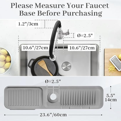 PoYang 24 Inch Faucet Mat for Kitchen Sink Splash Guard Behind Faucet, Sink Protectors for Kitchen Sink Faucet Mat Splash Guard for Kitchen Sink Area, Longer Silicone Faucet Guard & Draining Mat, Grey