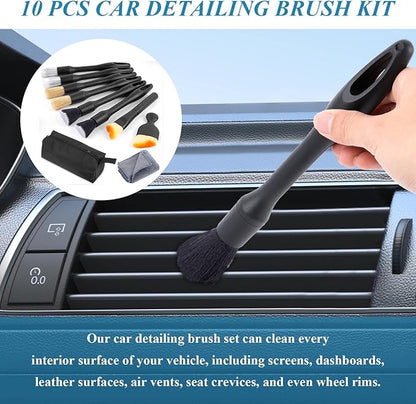 10 Pcs Car Detailing Set for Interior & Exterior Cleaning, Ultra Soft Boars Hair Car Interior Detailing Brushes, Scratch-Free Car Cleaning Kit for Dashboard, Air Vents, Wheels, Leather Seat