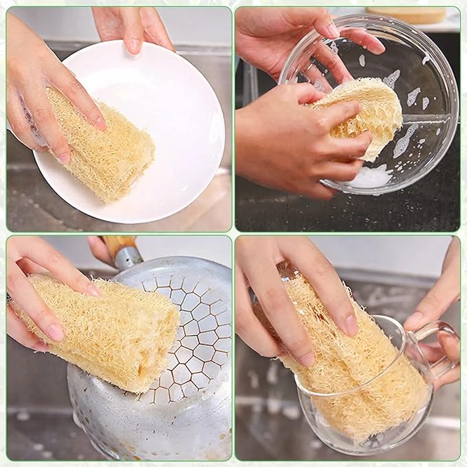 Natural Loofah Sponges, Kitchen Washing Up Sponge, Non Scratch Organic Luffa Sponge, 4 PCS Pack of Non-Odor Dish Sponges, Plastic-Free Unbleached Loofah for Kitchen Cleaning and Shower