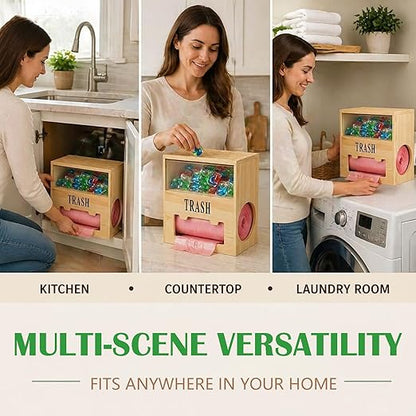 Wooden 2-in-1 Trash Bag Dispenser & Dishwasher Laundry Pods Container, Large Trash Bag Holder with Magnetic Flip Lids, Garbage Bag Dispenser for Kitchen Pantry Laundry Room Under Sink Organizer