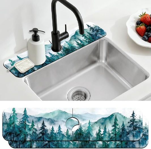 2 Pcs Kitchen Sink Splash Guard Faucet Mats Watercolor Forest Pattern Faucet Mat for Sinks Absorbing Drying Mat for Kitchen Bathroom, 23.6x5.5inch