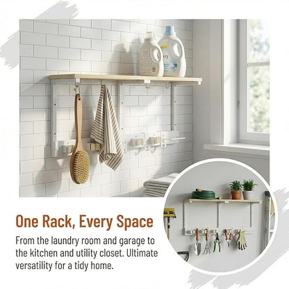 Upgraded Broom Holder Wall Mount with Shelf, Mop and Broom Organizer Wall Hanging, Cleaning Supplies Organizer with 5 Grippers, 4 Hooks and Vacuum Holder for Laundry Room, Garage, Kitchen
