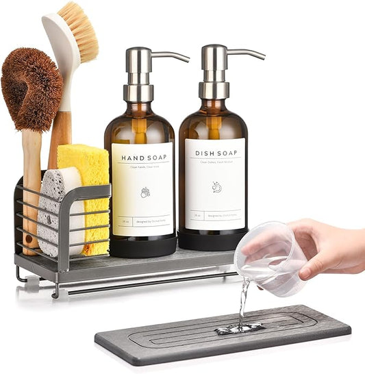 Kitchen Soap Dispenser Set with Drying Tray – 16oz Glass Bottles with Stainless Steel Pumps, Sink Organizer Caddy with Brush Holder & Non-Slip Feet – All-in-One Dish & Hand Soap Station