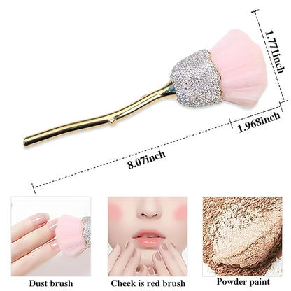 1pc Nail Art Dust Powder Remover Inlaid Clear Crystal, Rose Soft Nail Brush Acrylic Nail Manicure Dust Cleaner Brush for Nail Trimming Cleaning Makeup Brush Tools