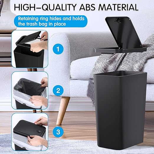 2.65-gallon/10-liter Push-Button Trash can with lid + 100 Trash Bags. Features pet-Proof, Odor-Proof, and Quiet-Closing Functions; Suitable for bedrooms, bathrooms, Kitchens, and Offices (Black)