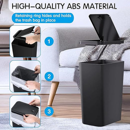 2.65-gallon/10-liter Push-Button Trash can with lid + 100 Trash Bags. Features pet-Proof, Odor-Proof, and Quiet-Closing Functions; Suitable for bedrooms, bathrooms, Kitchens, and Offices (Black)