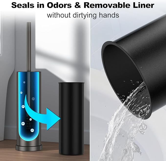 Pewter Toilet Brush and Holder Set，Stainless Steel Heavy Duty Toilet Bowl Brush，Extra Long Handled Modern Toilet Cleaner Brush with Replaceable Head, Removable Inner Bowl, and Splash Protection