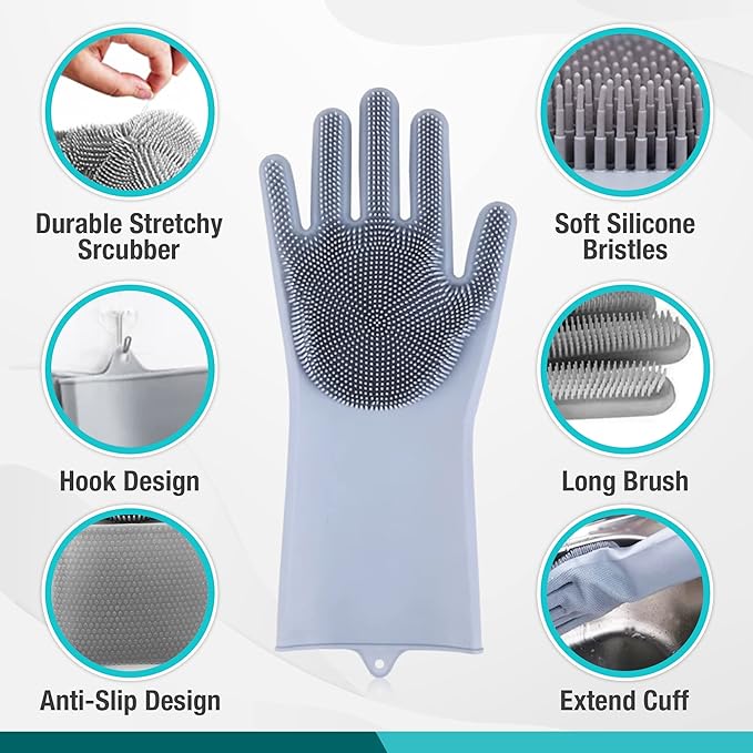 Silicone Scrubbing Gloves 12" Set of 3 Pairs for Kitchen, Bathroom, pet, Car Wash, Cleaning, Reusables
