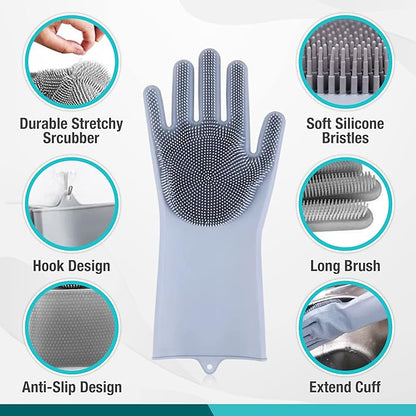 Silicone Scrubbing Gloves 12" Set of 3 Pairs for Kitchen, Bathroom, pet, Car Wash, Cleaning, Reusables