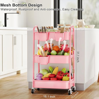 3 Tier Rolling Storage Cart Metal with Wheels, Pink Three Tiered Craft Cart Organizer on Wheels, Utility Carts for Baby Nursery, Diaper Caddy, Art, Book, Snack, Nail, Makeup, Bathroom Supplies, Mesh