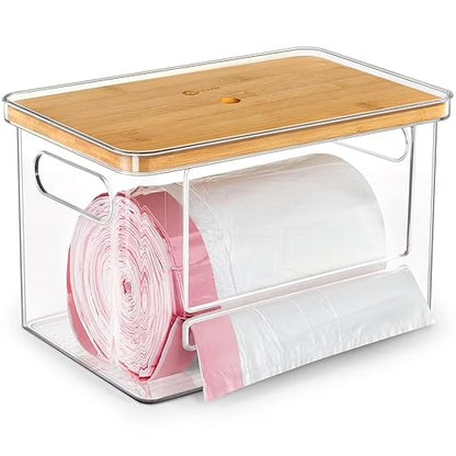 Stackable Trash Bag Dispenser with Wooden Top for Holding 13 to 33 Gallon Large Bag Sizes – Medium Size Garbage Bag Holder with Anti-Slip Base, Trash Bag Dispenser Under Sink (10.8"x6.7"x6" inches)