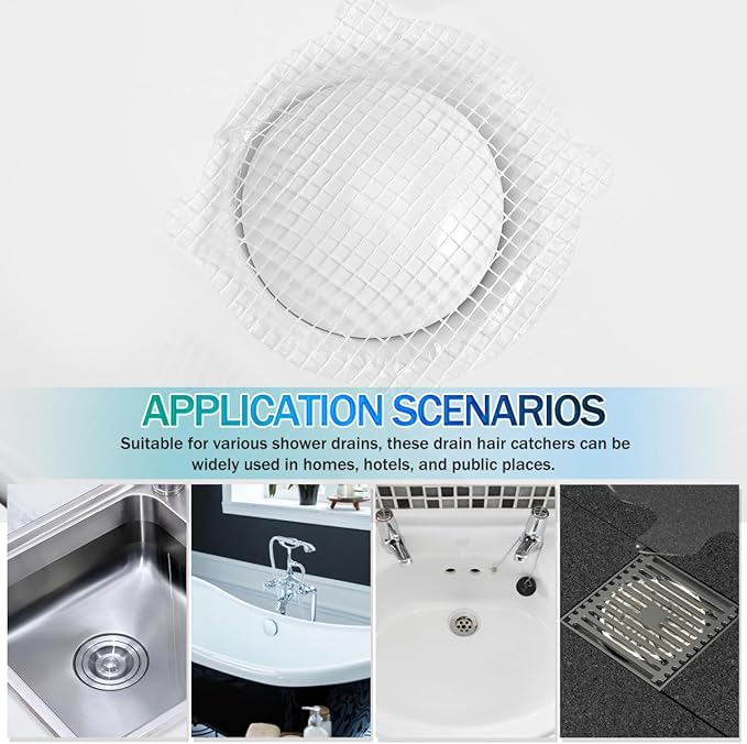 POPETPOP 50 Pcs Disposable Shower Drain Hair Catcher Mesh Stickers Round Adhesive Floor Drain Covers for Bathroom and Kitchen Hair Stopper