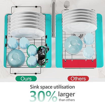 GSlife Expandable Over the Sink Dish Drying Rack with Silicone Sink Protector - Stainless Steel Dish Drainer with Locking Knob, Adjustable Dryer Strainer for Kitchen, 12.8" W x 10.8"-17.9" L, Silver