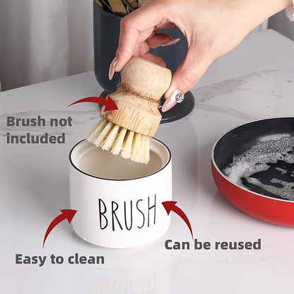 ONTUBE Ceramic Dish Brush Holder, Farmhouse Scrub Brush Holder Dishwashing Brush Stand, Soap Dispensing Kitchen Brushes Holder (White)