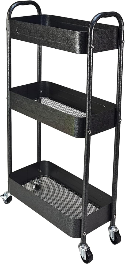 3 Tier Slim Metal Rolling Storage Cart for Laundry Room & Kitchen Organizer, 7.1'' Thin Standing Shelf for Narrow Spaces, Utility Cart with Wheels & Lockable Casters for Bathroom, Black