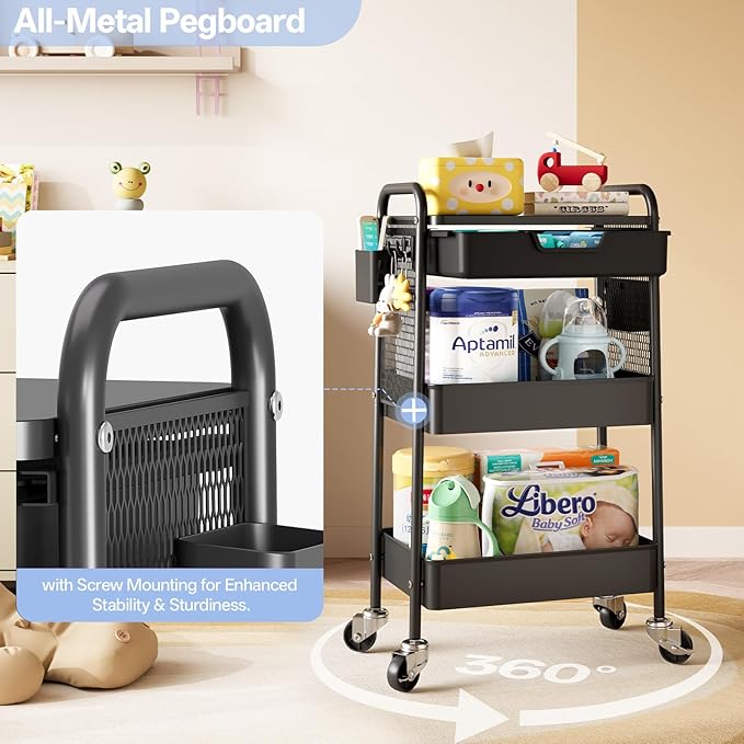 3 Tier Metal Rolling Utility Cart with Drawer & Pegboard - Multifunctional Storage Cart on Wheels with Tabletop, Hooks & Basket, Sturdy Craft & Art Cart for Bathroom, Bedroom, Children Room, Black