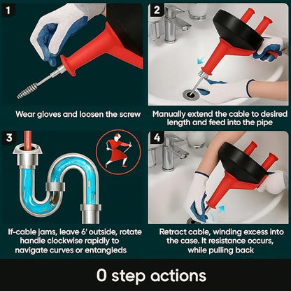42 FT Drain Snake Hair Drain Clog Remover, Manual Or Powered, Plumbing Snake With Drill Adapte,Unclog Sink Drain Tool, Drain Auger for Toilet、Shower、Kitchen、Sink, No Auto Retract Or Feed, Red