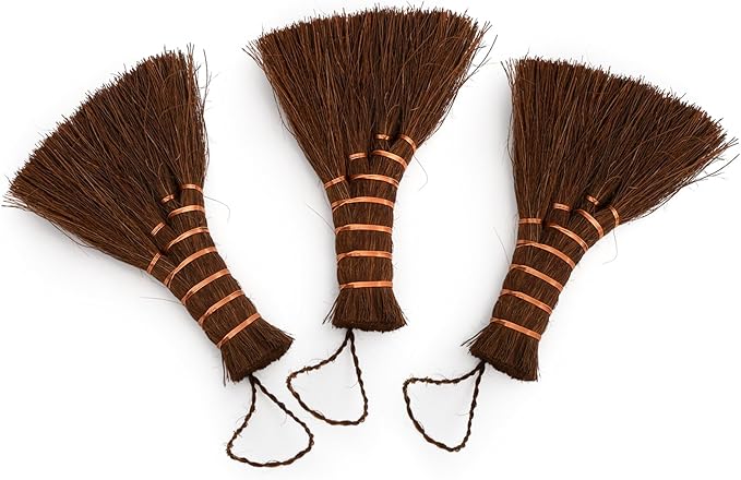 Fasmov 3 Pack Bonsai Broom Brush, Natural Straw Broom with Embroidery Nylon Thread Handle with Hanger, Whisk Broom Hand Brush Car Broom for Cleaning Dustpan Desktop