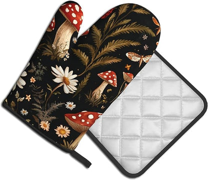 Mushroom Oven Mitt Pot Holder Set Vintage Floral BBQ Cooking Gloves with Loop Baking Grilling Kitchen Gifts for Spring Summer