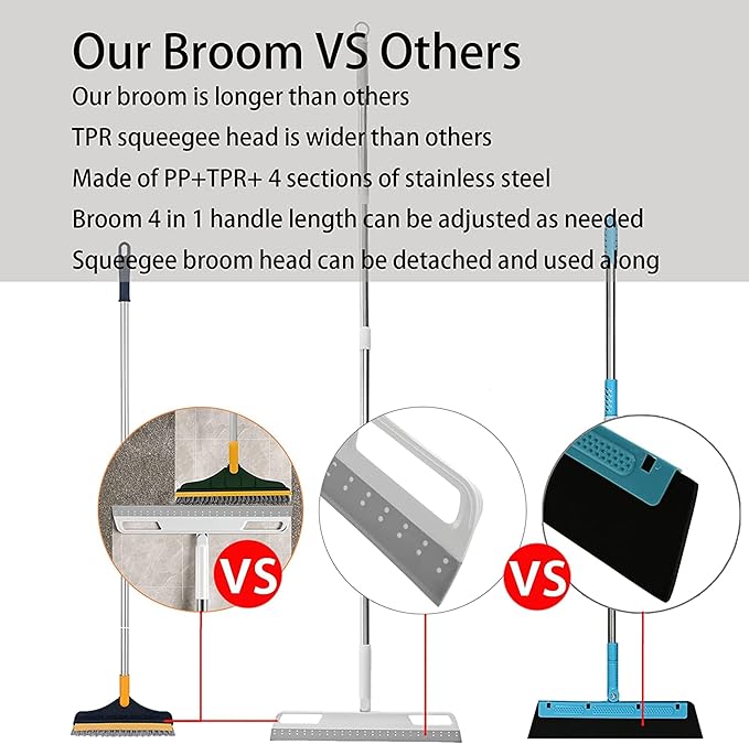 Multifunction Rubber Air Broom, Silicone Floor Squeegee with 56" Long Handle, Rubber Sweeper, Air Broom for Floor Bathroom Kitchen Shower Tile Pet Hair Fur Marble Glass Water Window Foam Clean (Grey)
