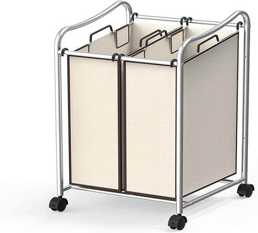 Simple Houseware 2-Bag Heavy Duty Rolling Laundry Sorter Cart, Chrome – 2 Section Removable Bags and Lockable Wheels for Laundry Room Organization