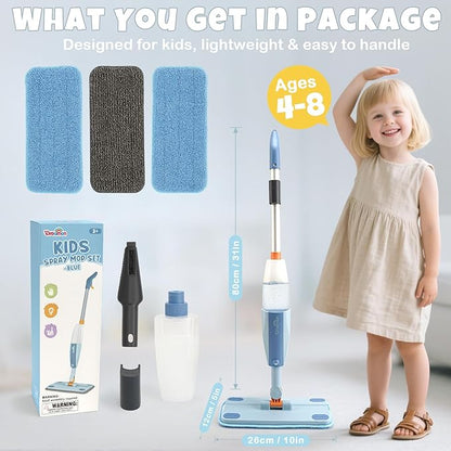 Dreamon Kids Spray Mop - Real Working Toddler Cleaning Set with Water Sprayer & 3 Washable Mop Pads & Scraper, Pretend Play Montessori Housekeeping Toys Gifts for Toddlers Kids Girls Boys(Blue)