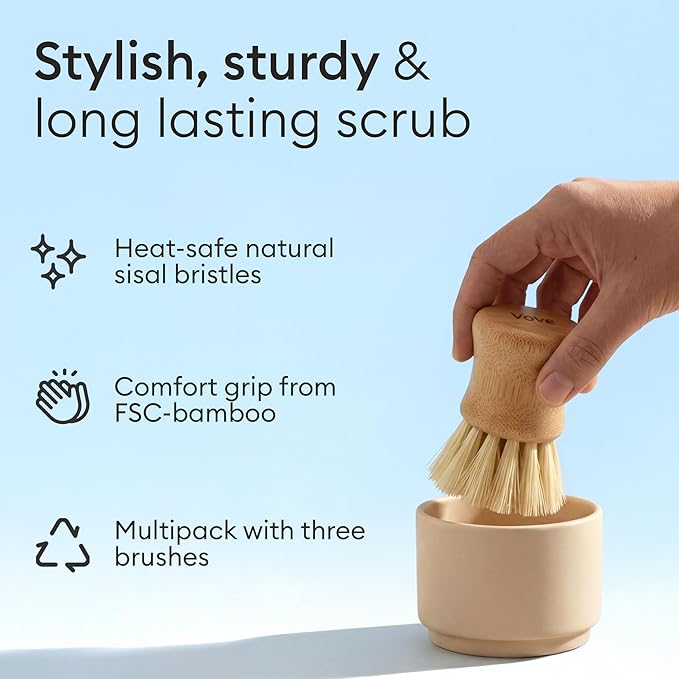 Vove Bamboo Dish Scrub Brush Set with Ceramic Holder, 3-Pack Plastic-Free Kitchen Brushes for Dishes Pots and Pans, FSC-Certified Bamboo with Natural Sisal Bristles, 1 Hard and 1 Medium Brush