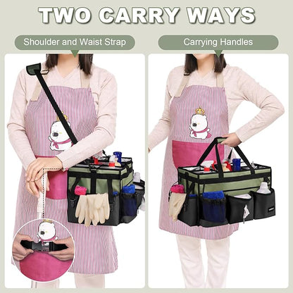 Large Cleaning Caddy Bag with Built-In Support Board, Cleaning Tote Organizer with Removable Divider, Supply Carryall with Adjustable Shoulder Strap and Waist Belt for Cleaners & Housekeeper