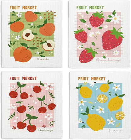 Swedish Dishcloths for Kitchen, Pink Strawberries Peach Cherry Lemon Swedish DishCloths for Friut Market, 4 Pack Dish Towels for Kitchen, Papaya Reusable Paper Towels Washable
