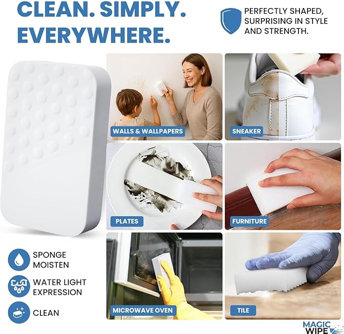 MagicWipe® Power Sponge – Magic Sponge Eraser (10 Pack) with High Density Melamine Foam for Heavy Duty, Multi-Surface Cleaning, Kitchen, Bathroom, Walls, Floors, Scuffs - No Chemicals