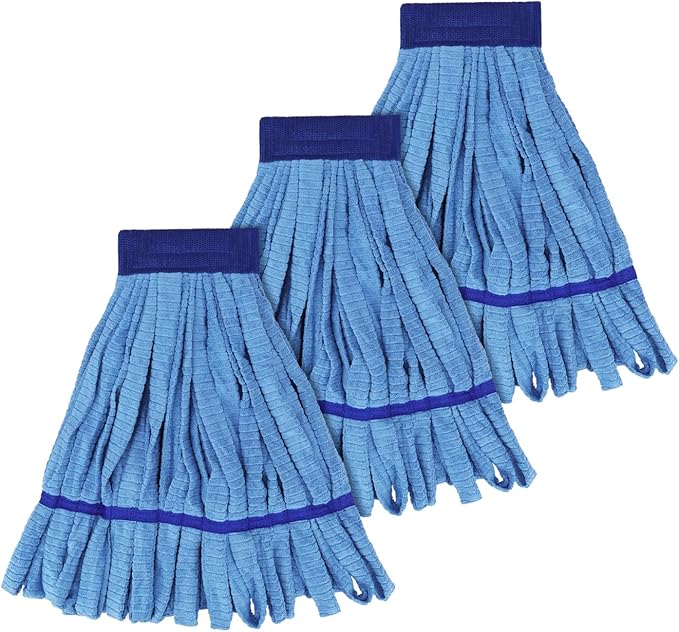 Heavy Duty Commercial Mop Head Replacement Microfiber Tube Mop Heads for Floor Cleaning: 3 Packs Looped End Wet Mop Head Refill for Home Commercial Industrial Use (Blue)