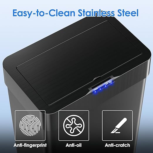 Sensor Trash Can, Touchless Motion Sensor Trash Bin, Smart Automatic Garbage Can with Soft-Close Lid, Bag Retainer Ring and Display Light,for Kitchen,Living Room Office (Black, 16 Gal)
