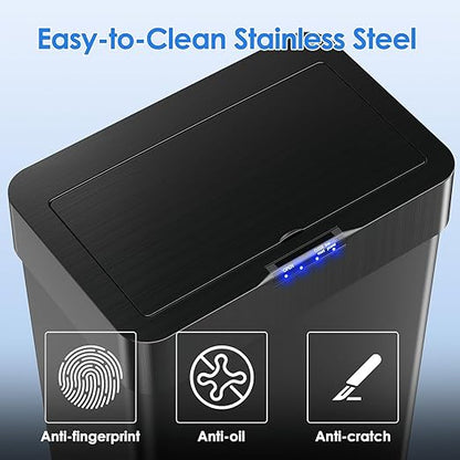 Sensor Trash Can, Touchless Motion Sensor Trash Bin, Smart Automatic Garbage Can with Soft-Close Lid, Bag Retainer Ring and Display Light,for Kitchen,Living Room Office (Black, 16 Gal)