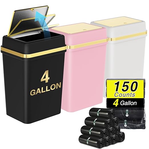 3 Pack Bathroom Trash Can with Lid 4 Gallon Small Trash Can with Press Top Lid Bathroom Garbage Can with 150 Counts Trash Bags for Kitchen Bedroom Office(Black White Pink)