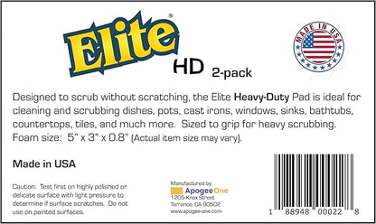 Elite HD (Heavy Duty) All Purpose Cleaning Pad, 2 Pack, Non Scratch, Dish Sponge, Scrubber, Made in USA. Large Thick Sponge for Household and Industrial Use. Sized to Grip for Heavy Scrubbing.