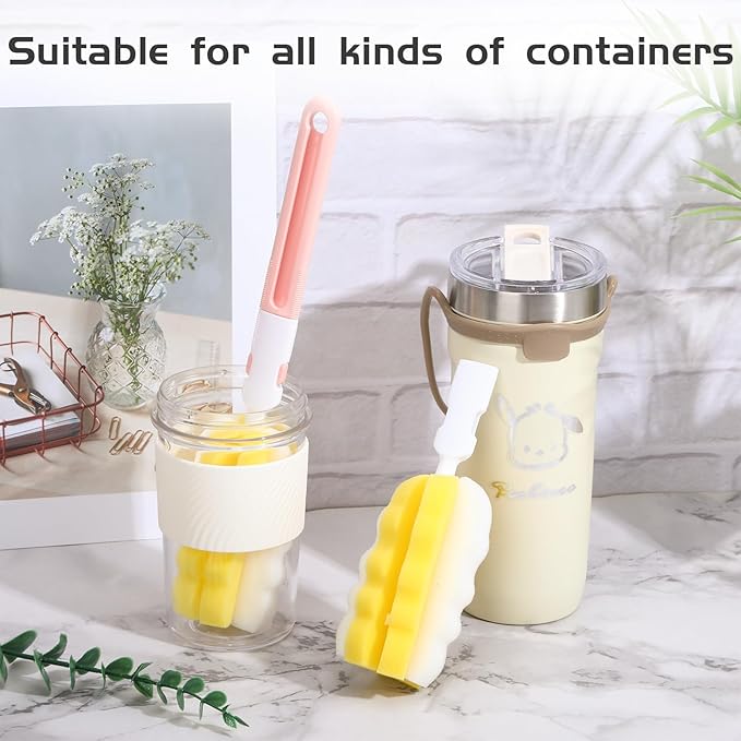 4 Pcs Bottle Brush Sponge, Cup Water Bottle Sponge Brush Cleaner, Detachable Cleaning Brushes for Cleaning with Handle for Glasses Mugs(4Pcs+2 Nipple Brushes)