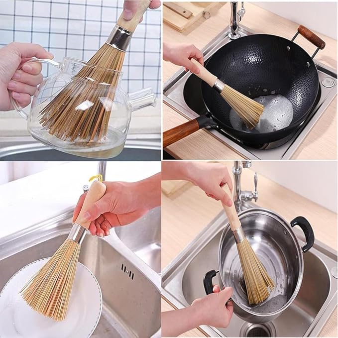 2 Pack Natural Bamboo Wok Brushes,Bamboo Kitchen pan Brush,Kitchen Cleaning Brush,for Cleaning Dishes, Sink
