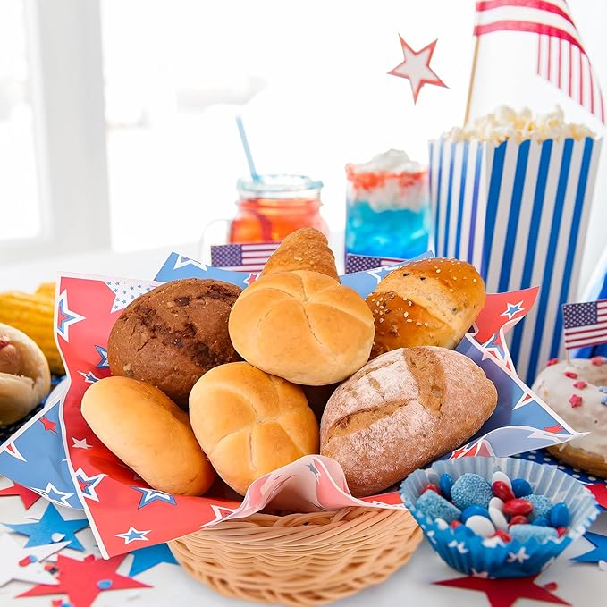 FOIMAS 150pcs Patriotic Wax Paper,9.8 x 9.8 Inch 4th of July Food Deli Paper Star Sandwich Basket Liner for Independence Day Picnic Patriotic Party Kitchen Supply