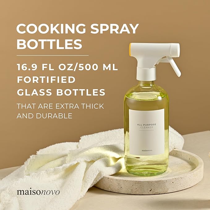 MAISONOVO Glass Kitchen Spray Bottle 16 Oz Pack of 2 - Yellow Food Grade Spray Bottle with Fortified Glass - Ideal for Oil, Vinegar, Cooking, BBQ, Food Prep, Countertops & Kitchen Use - 16 Labels