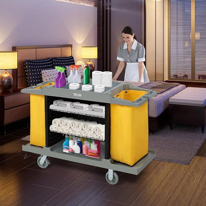 LEADZM Premium Hotel & Housekeeping Cart on Wheels, 154LBS Multifunctional Commercial Cleaning Cart with Large Capacity Vingyl Bags, Comfor Grip Handles and Easy Move Casters, Gray